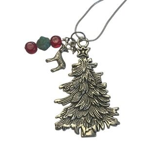 Handmade Metal Christmas Tree Pendant W/ Reindeer & Beaded Baubles 13"